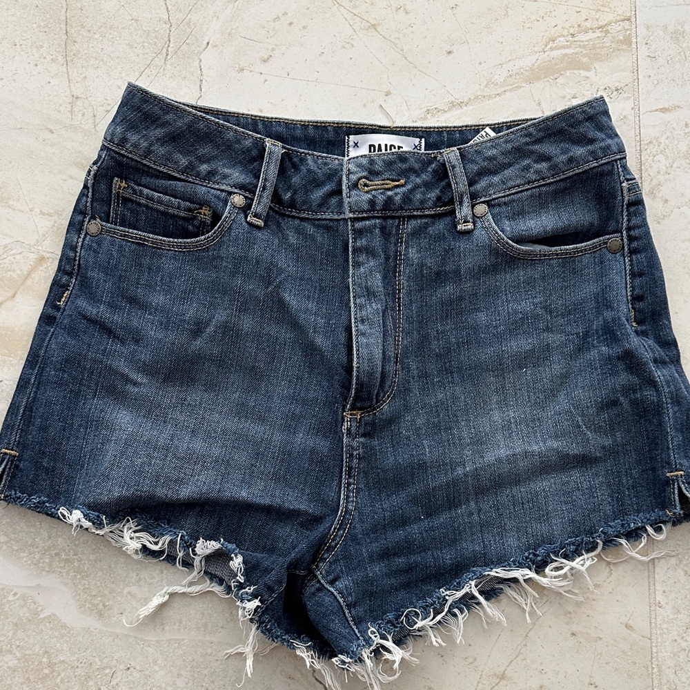 PAIGE Dark Blue Frayed Hem Jean Shorts